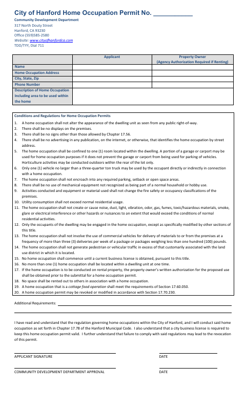 First page of the Home Occupation Permit Application