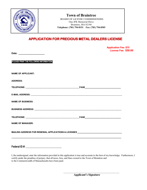 First page of the Precious Metal Dealers License Application