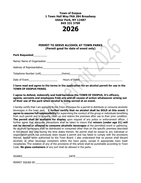 First page of the Permit to Serve Alcohol at Town Parks