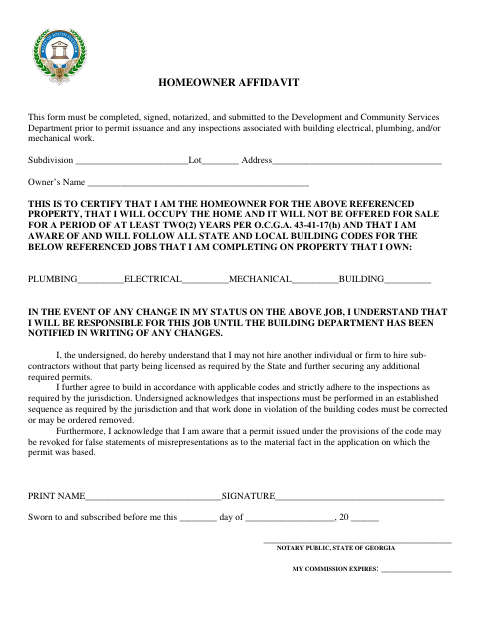 First page of the Homeowner Affidavit