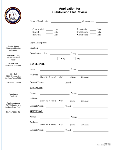 First page of the Application for Subdivision Plat Review