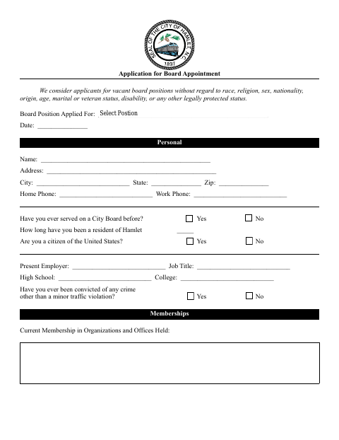 First page of the Application for Board Appointment