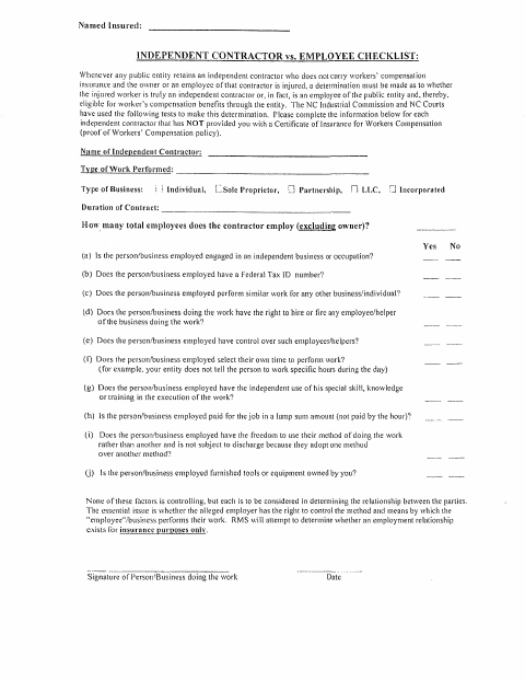 First page of the Independent Contractor Checklist