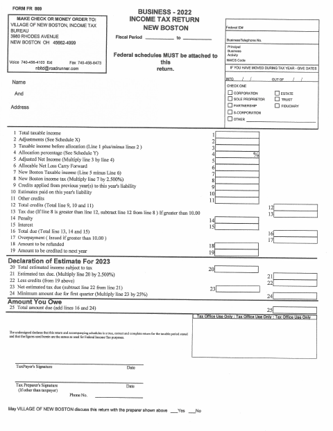 First page of the Business 2022 Income Tax Return