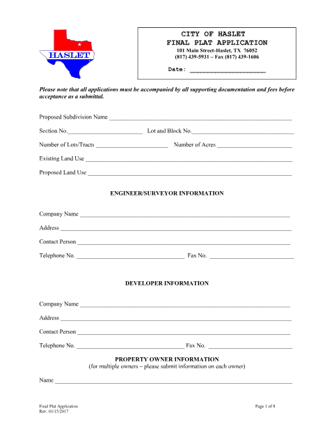 First page of the Final Plat Application