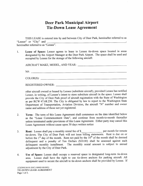 First page of the Municipal Airport Tie-Down Lease Agreement