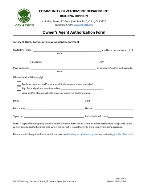 First page of the Owner's Agent Authorization Form