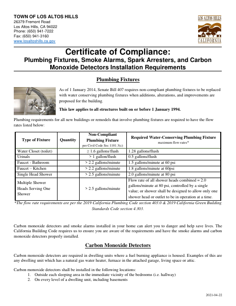 First page of the Certificate of Compliance: Plumbing Fixtures, Smoke Alarms, Spark Arresters, and Carbon Monoxide Detectors Installation Requirements
