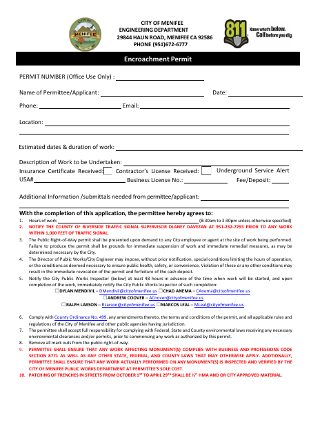 First page of the Encroachment Permit