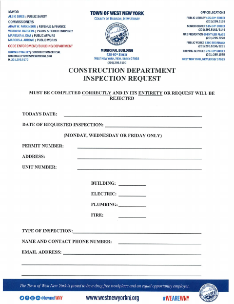 First page of the Inspection Request Form and Sequencing