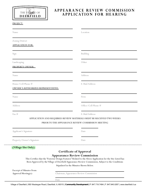 First page of the Appearance Review Commission Application for Hearing