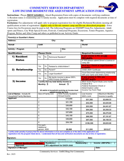First page of the Low Income Resident Fee Adjustment Application
