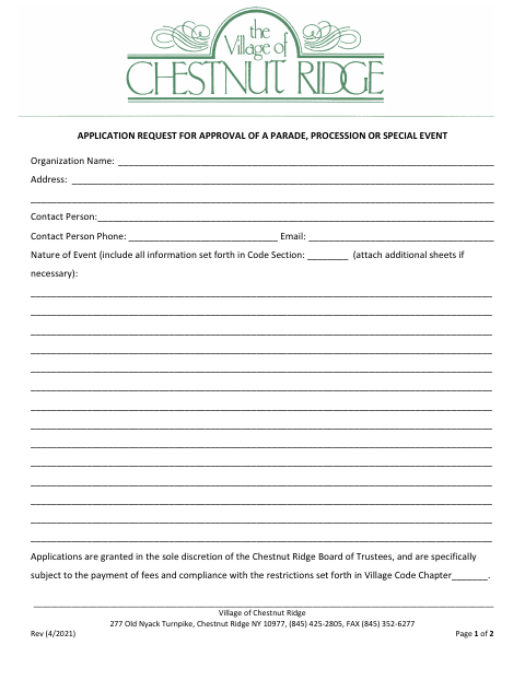 First page of the Parades, Processions & Special Events Permit Application