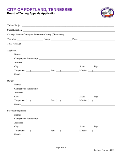 First page of the Board of Zoning Appeals Application