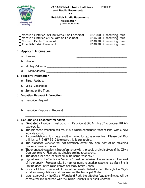 First page of the Vacation of Interior Lot Lines and Public Easements Application