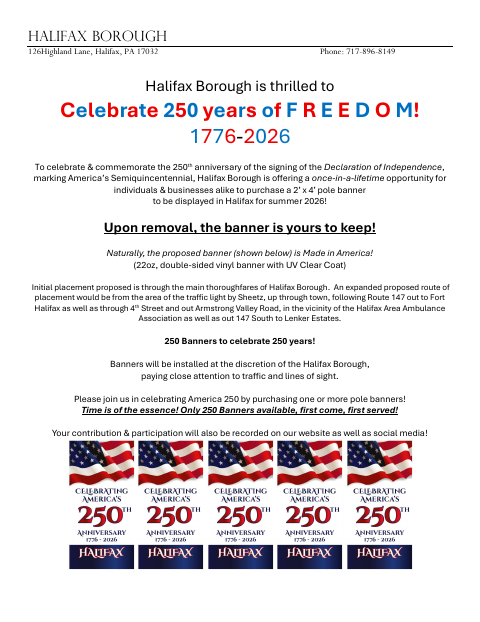 First page of the America 250 Banner Order Form