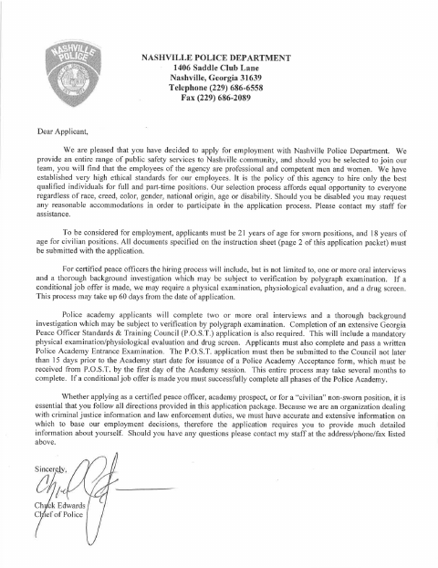 First page of the Police Department Employment Application