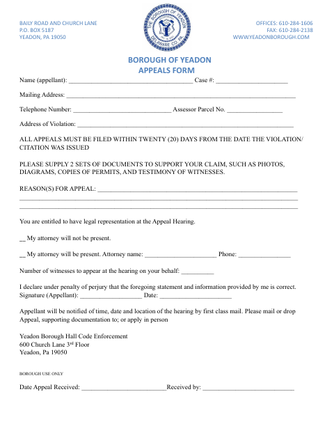 First page of the Appeals Form