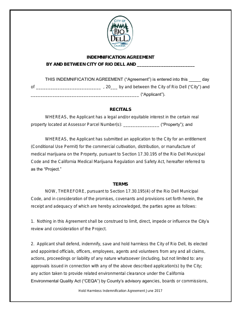 First page of the Cannabis Hold Harmless Indemnification Agreement