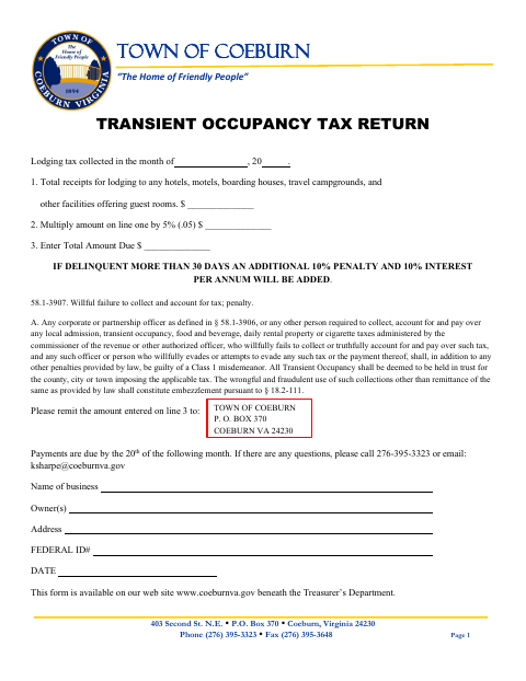 First page of the Transient Occupancy Tax Return