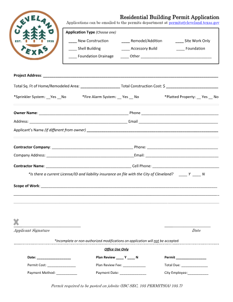 First page of the Residential Building Permit Application