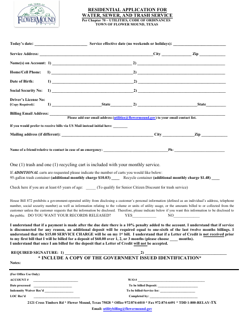 First page of the Residential Application for Water, Sewer, and Trash Service