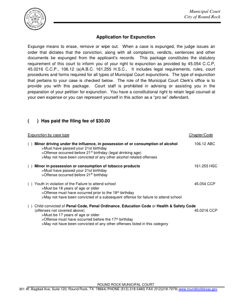 First page of the Municipal Court Application for Expunction