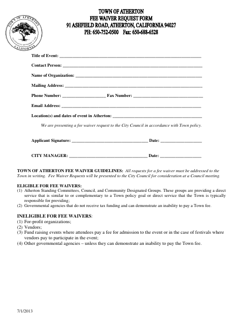 First page of the Fee Waiver Application