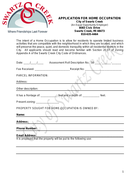 First page of the Application for Home Occupation
