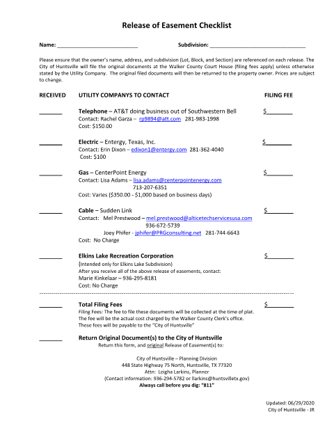First page of the Release of Easement Checklist