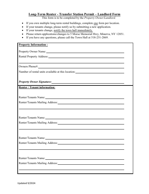 First page of the Long-Term Renter Transfer Station Permit – Landlord Form