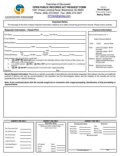 First page of the Open Public Records Act Request Form