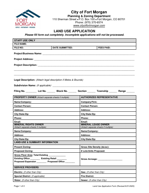 First page of the Land Use Application