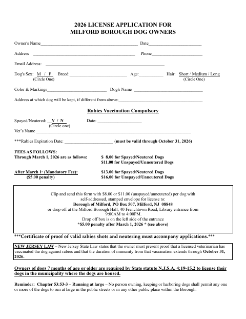 First page of the License Application For Milford Borough Dog Owners