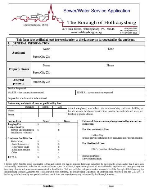 First page of the Sewer/Water New Service Application