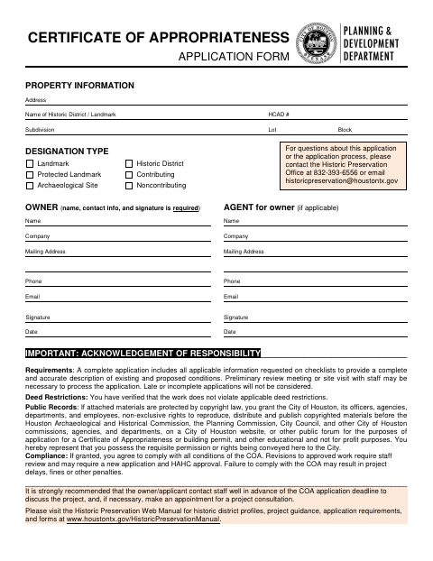 First page of the Certificate of Appropriateness Application for Alterations and Additions