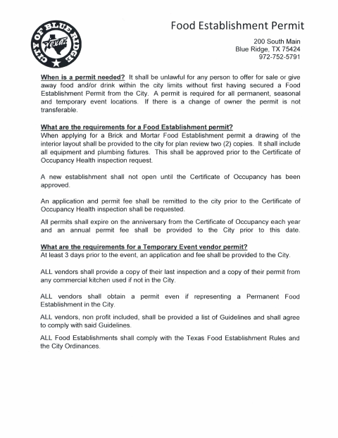 First page of the Food Establishment Permit Application
