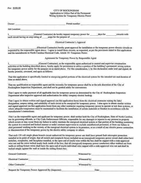 First page of the Commercial Temporary Electric Power Application