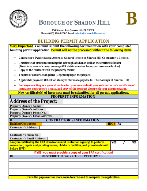 First page of the Building Permit Application
