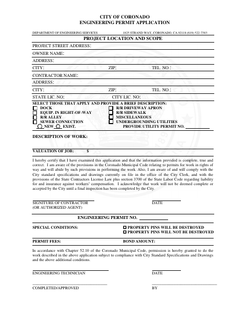 First page of the Engineering Permit Application