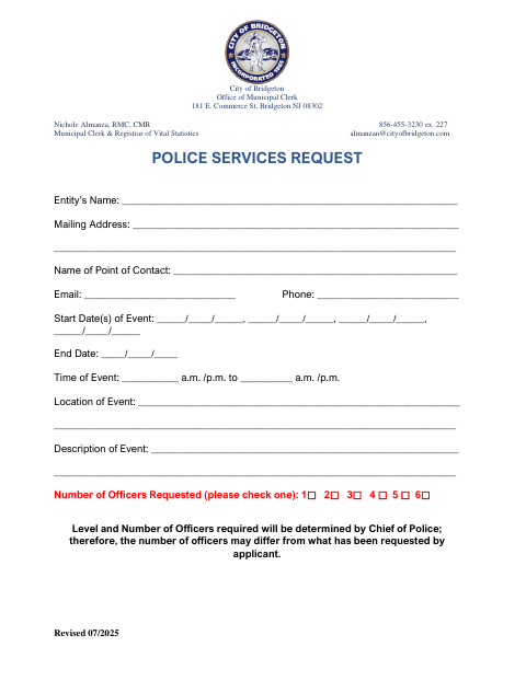 First page of the Police Services Request