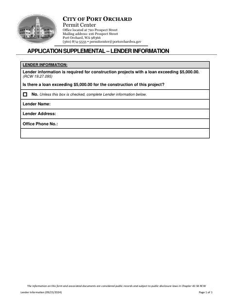 First page of the Application Supplemental – Lender Information