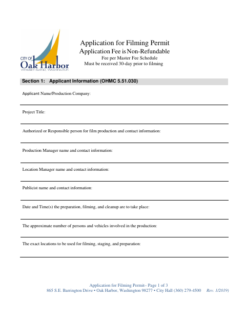 First page of the Application for Filming Permit