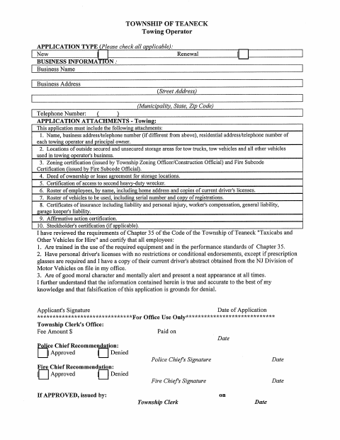 First page of the Towing Operator Application