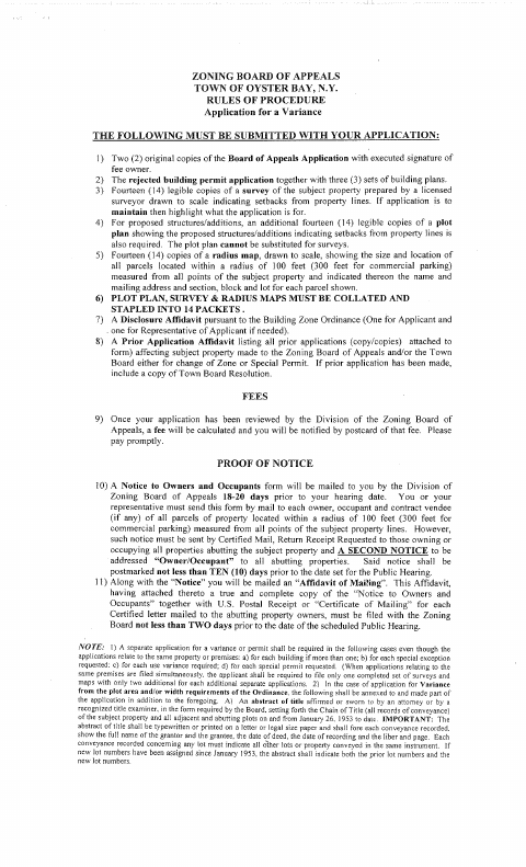 First page of the Zoning Board of Appeals Variance Application