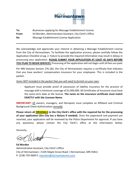 First page of the Massage Establishment License Application