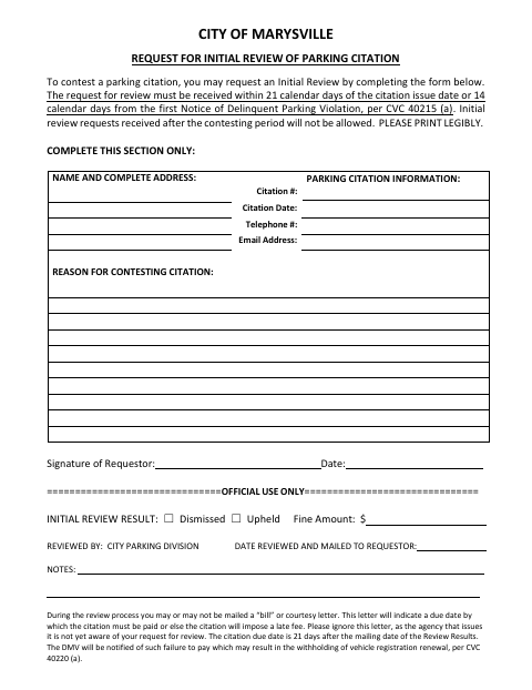 First page of the Request for Initial Review of Parking Citation