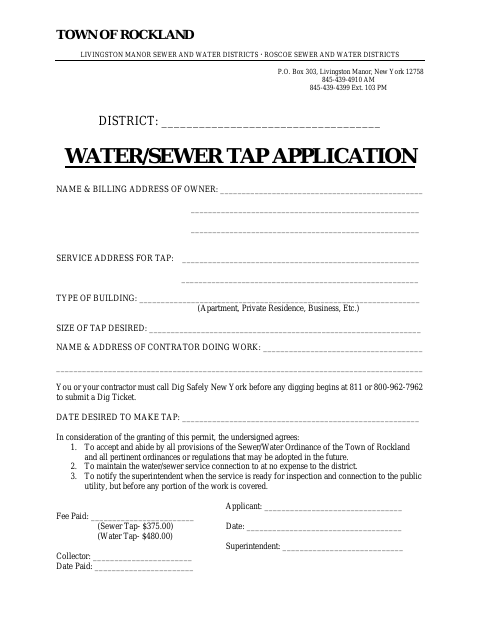 First page of the Water/Sewer Tap Application