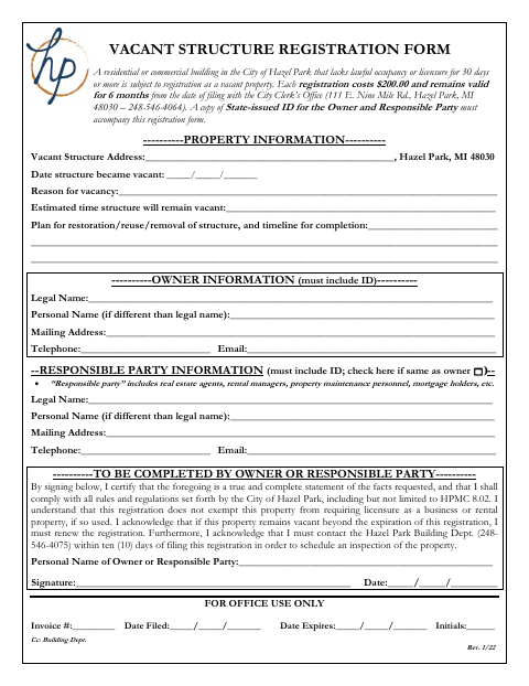 First page of the Vacant Structure Registration Form