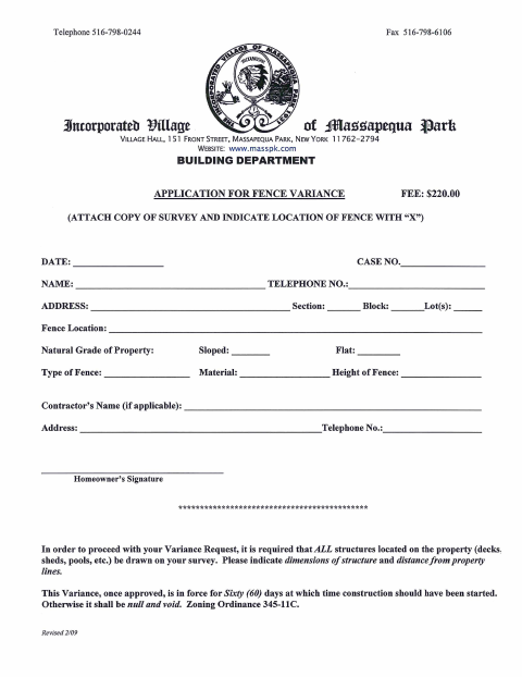 First page of the Application for Fence Variance